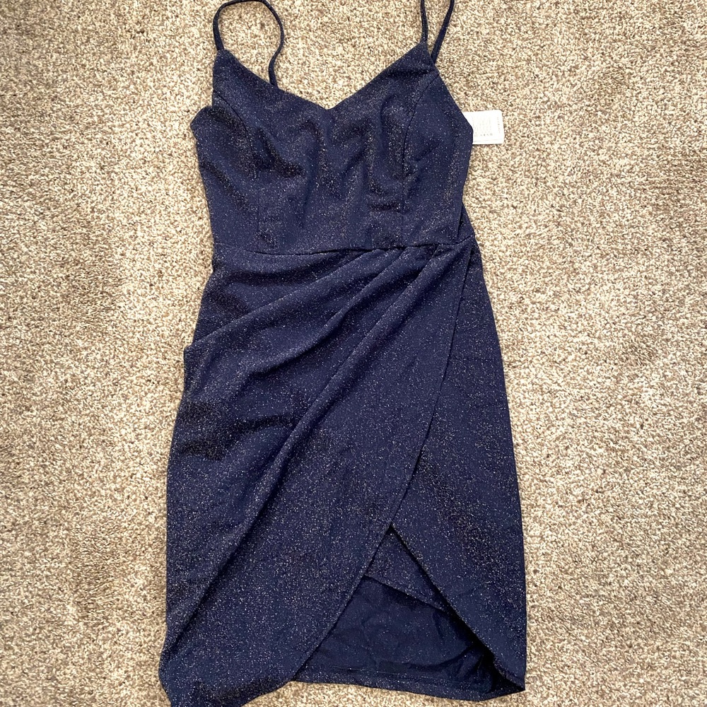 Navy blue, silver sparkle spaghetti strap mini dress